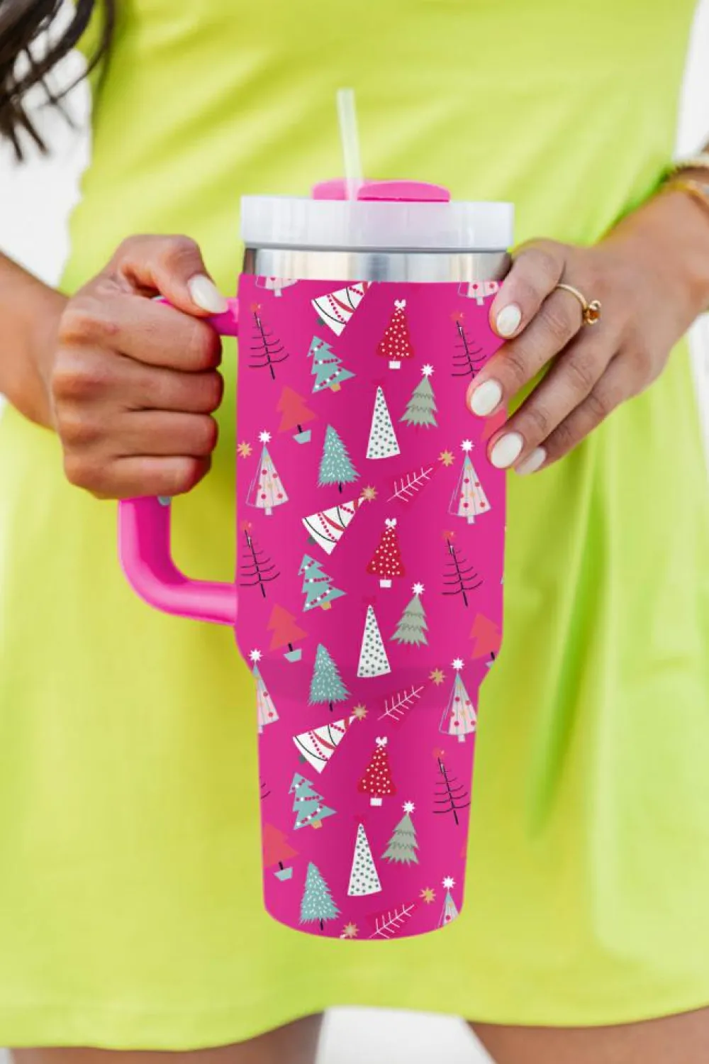 Best Dear-Lover Cartoon Christmas Tree Printed Thermos Cup 40oz Rose Red