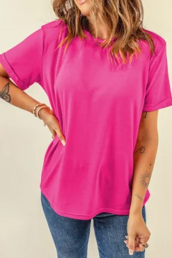 Outlet Dear-Lover Casual Plain Crew Neck Tee Rose Red
