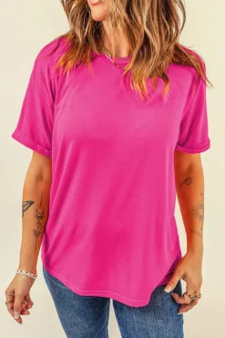 Outlet Dear-Lover Casual Plain Crew Neck Tee Rose Red