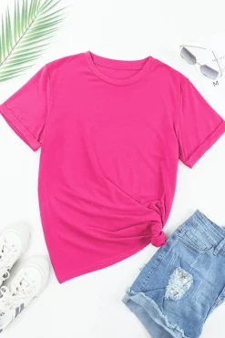 Outlet Dear-Lover Casual Plain Crew Neck Tee Rose Red