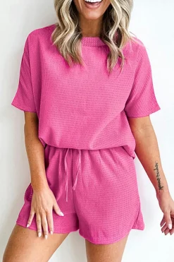 Best Dear-Lover Casual Textured Tee and Drawstring Shorts Set Rose Red