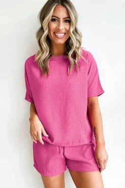 Best Dear-Lover Casual Textured Tee and Drawstring Shorts Set Rose Red