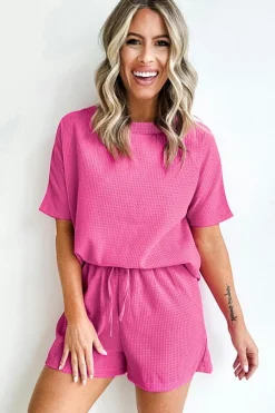 Best Dear-Lover Casual Textured Tee and Drawstring Shorts Set Rose Red