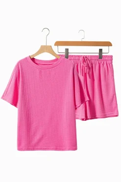 Best Dear-Lover Casual Textured Tee and Drawstring Shorts Set Rose Red