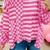 New Dear-Lover Checkerboard Striped Patchwork Lantern Sleeve Pocketed Blouse Rose Red