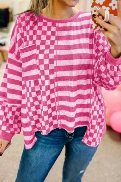 New Dear-Lover Checkerboard Striped Patchwork Lantern Sleeve Pocketed Blouse Rose Red