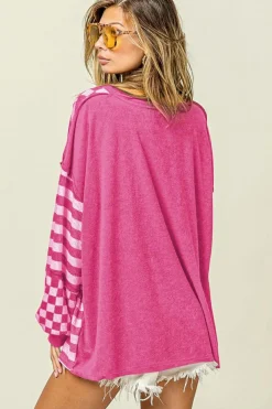 New Dear-Lover Checkerboard Striped Patchwork Lantern Sleeve Pocketed Blouse Rose Red