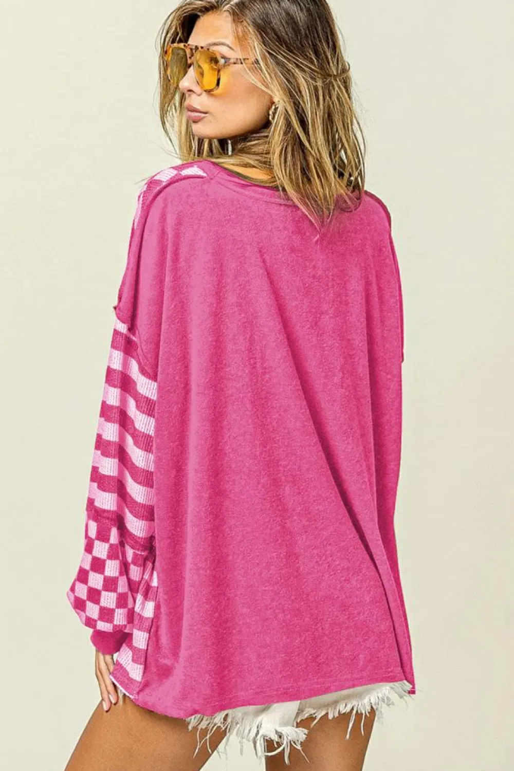 New Dear-Lover Checkerboard Striped Patchwork Lantern Sleeve Pocketed Blouse Rose Red