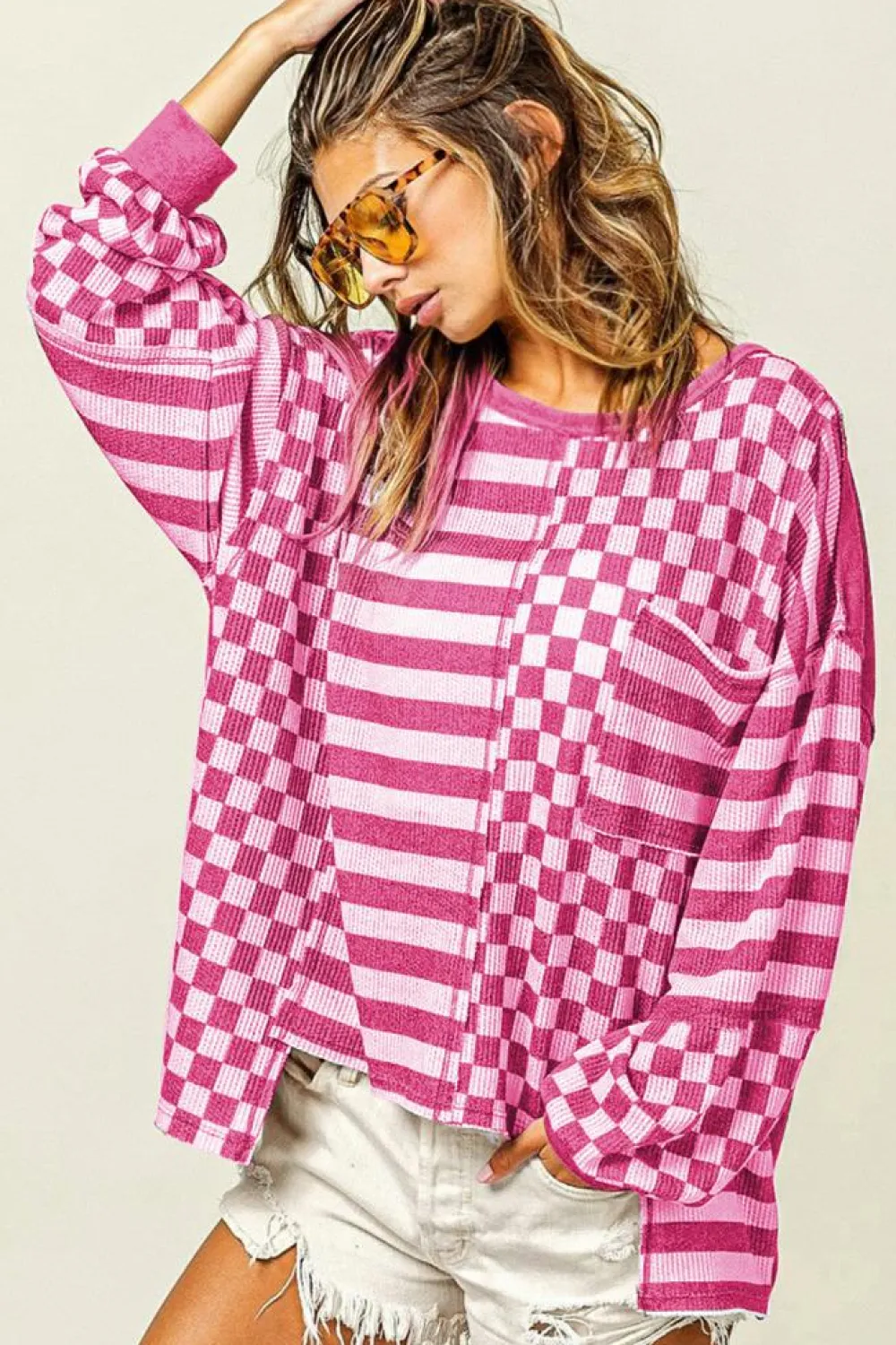 New Dear-Lover Checkerboard Striped Patchwork Lantern Sleeve Pocketed Blouse Rose Red