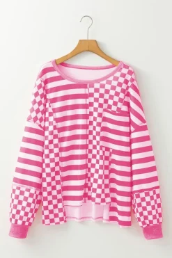 New Dear-Lover Checkerboard Striped Patchwork Lantern Sleeve Pocketed Blouse Rose Red