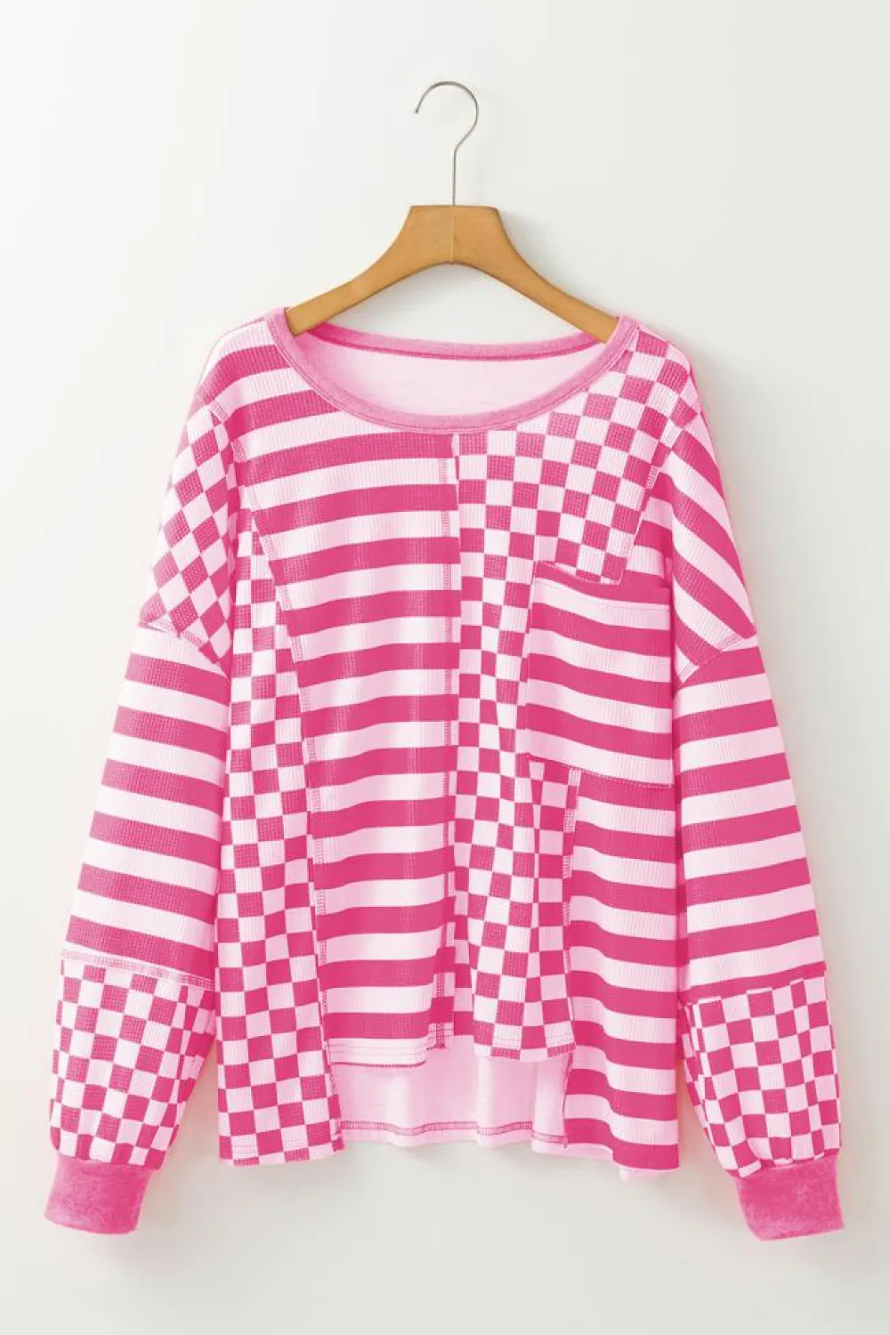 New Dear-Lover Checkerboard Striped Patchwork Lantern Sleeve Pocketed Blouse Rose Red