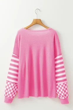 New Dear-Lover Checkerboard Striped Patchwork Lantern Sleeve Pocketed Blouse Rose Red