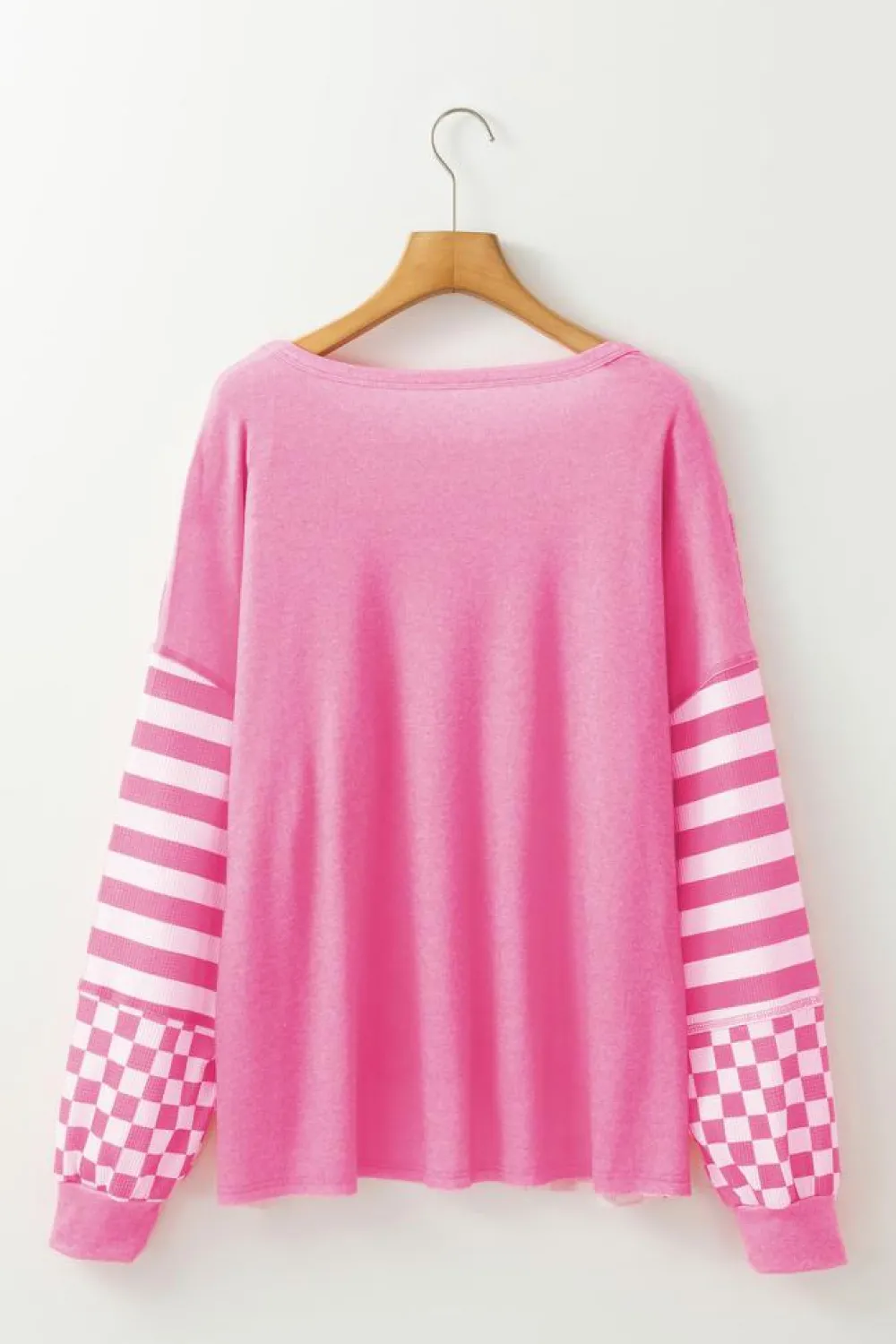 New Dear-Lover Checkerboard Striped Patchwork Lantern Sleeve Pocketed Blouse Rose Red