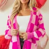 Fashion Dear-Lover Checkered Printed Ribbed Trim Open Front Cardigan Rose Red