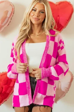 Fashion Dear-Lover Checkered Printed Ribbed Trim Open Front Cardigan Rose Red