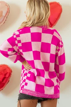 Fashion Dear-Lover Checkered Printed Ribbed Trim Open Front Cardigan Rose Red