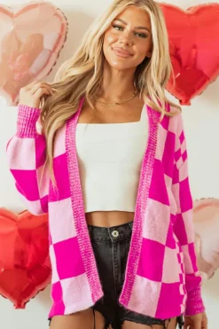 Fashion Dear-Lover Checkered Printed Ribbed Trim Open Front Cardigan Rose Red