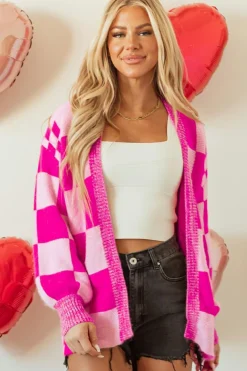 Fashion Dear-Lover Checkered Printed Ribbed Trim Open Front Cardigan Rose Red
