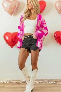 Fashion Dear-Lover Checkered Printed Ribbed Trim Open Front Cardigan Rose Red