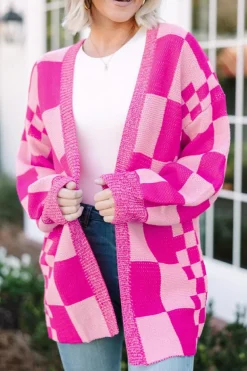 Fashion Dear-Lover Checkered Printed Ribbed Trim Open Front Cardigan Rose Red