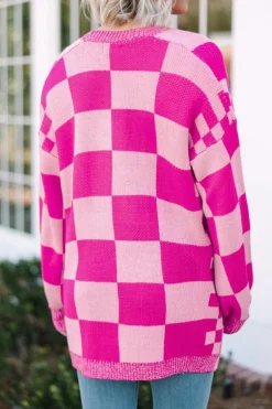 Fashion Dear-Lover Checkered Printed Ribbed Trim Open Front Cardigan Rose Red