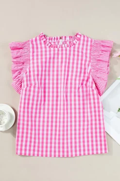 Best Dear-Lover Checkered Ruffled Sleeve Frilled Neck Blouse Rose Red