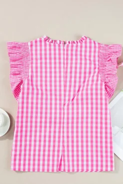 Best Dear-Lover Checkered Ruffled Sleeve Frilled Neck Blouse Rose Red
