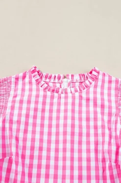 Best Dear-Lover Checkered Ruffled Sleeve Frilled Neck Blouse Rose Red