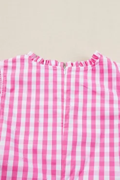 Best Dear-Lover Checkered Ruffled Sleeve Frilled Neck Blouse Rose Red