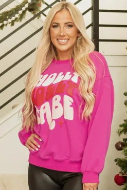 Best Dear-Lover Christmas Holly Jolly Babe Graphic Oversized Sweatshirt Rose Red