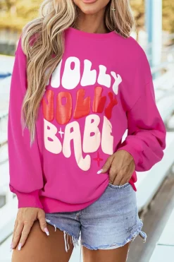 Best Dear-Lover Christmas Holly Jolly Babe Graphic Oversized Sweatshirt Rose Red