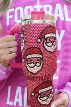 Hot Dear-Lover Christmas Santa Claus Diamond Thermos Cup with Straw 40oz Rose Red