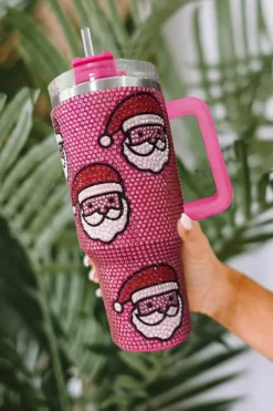 Hot Dear-Lover Christmas Santa Claus Diamond Thermos Cup with Straw 40oz Rose Red