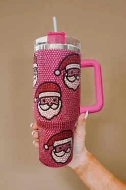 Hot Dear-Lover Christmas Santa Claus Diamond Thermos Cup with Straw 40oz Rose Red