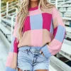 Fashion Dear-Lover Color Block Drop Shoulder Crewneck Loose Fit Sweater Rose Red