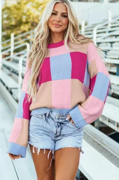 Fashion Dear-Lover Color Block Drop Shoulder Crewneck Loose Fit Sweater Rose Red
