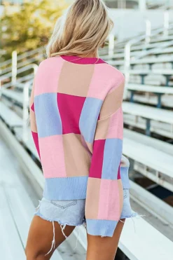 Fashion Dear-Lover Color Block Drop Shoulder Crewneck Loose Fit Sweater Rose Red