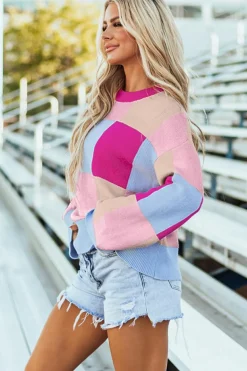 Fashion Dear-Lover Color Block Drop Shoulder Crewneck Loose Fit Sweater Rose Red