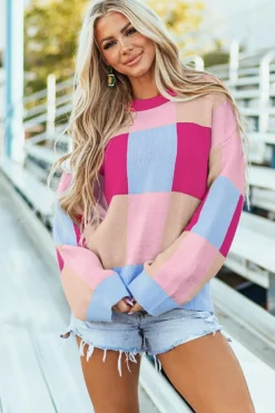 Fashion Dear-Lover Color Block Drop Shoulder Crewneck Loose Fit Sweater Rose Red