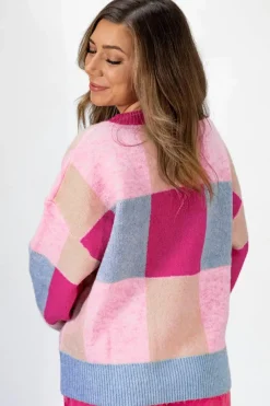 Fashion Dear-Lover Color Block Drop Shoulder Crewneck Loose Fit Sweater Rose Red