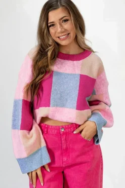 Fashion Dear-Lover Color Block Drop Shoulder Crewneck Loose Fit Sweater Rose Red