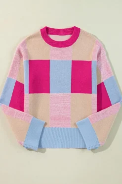 Fashion Dear-Lover Color Block Drop Shoulder Crewneck Loose Fit Sweater Rose Red