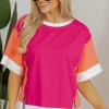 Fashion Dear-Lover Color Block Patchwork Side Slits Loose Fit T Shirt Rose Red