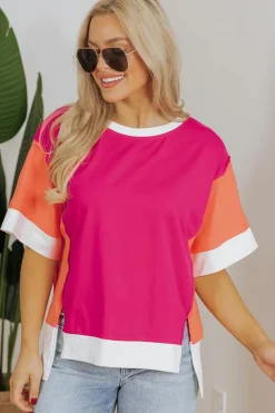 Fashion Dear-Lover Color Block Patchwork Side Slits Loose Fit T Shirt Rose Red