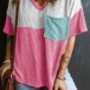 Discount Dear-Lover Color Block Patch Pocket Corded V Neck Tee Rose Red