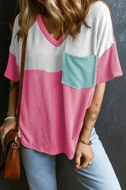 Discount Dear-Lover Color Block Patch Pocket Corded V Neck Tee Rose Red