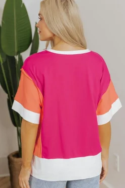Fashion Dear-Lover Color Block Patchwork Side Slits Loose Fit T Shirt Rose Red