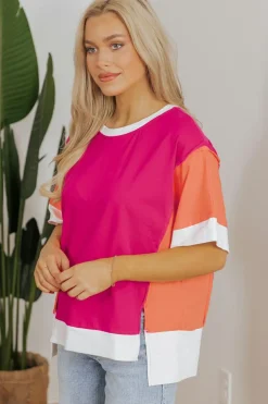 Fashion Dear-Lover Color Block Patchwork Side Slits Loose Fit T Shirt Rose Red