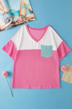 Discount Dear-Lover Color Block Patch Pocket Corded V Neck Tee Rose Red