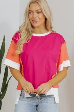 Fashion Dear-Lover Color Block Patchwork Side Slits Loose Fit T Shirt Rose Red